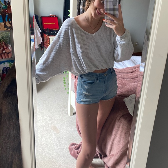 light grey oversized waffle knit crop sweater - Picture 1 of 2